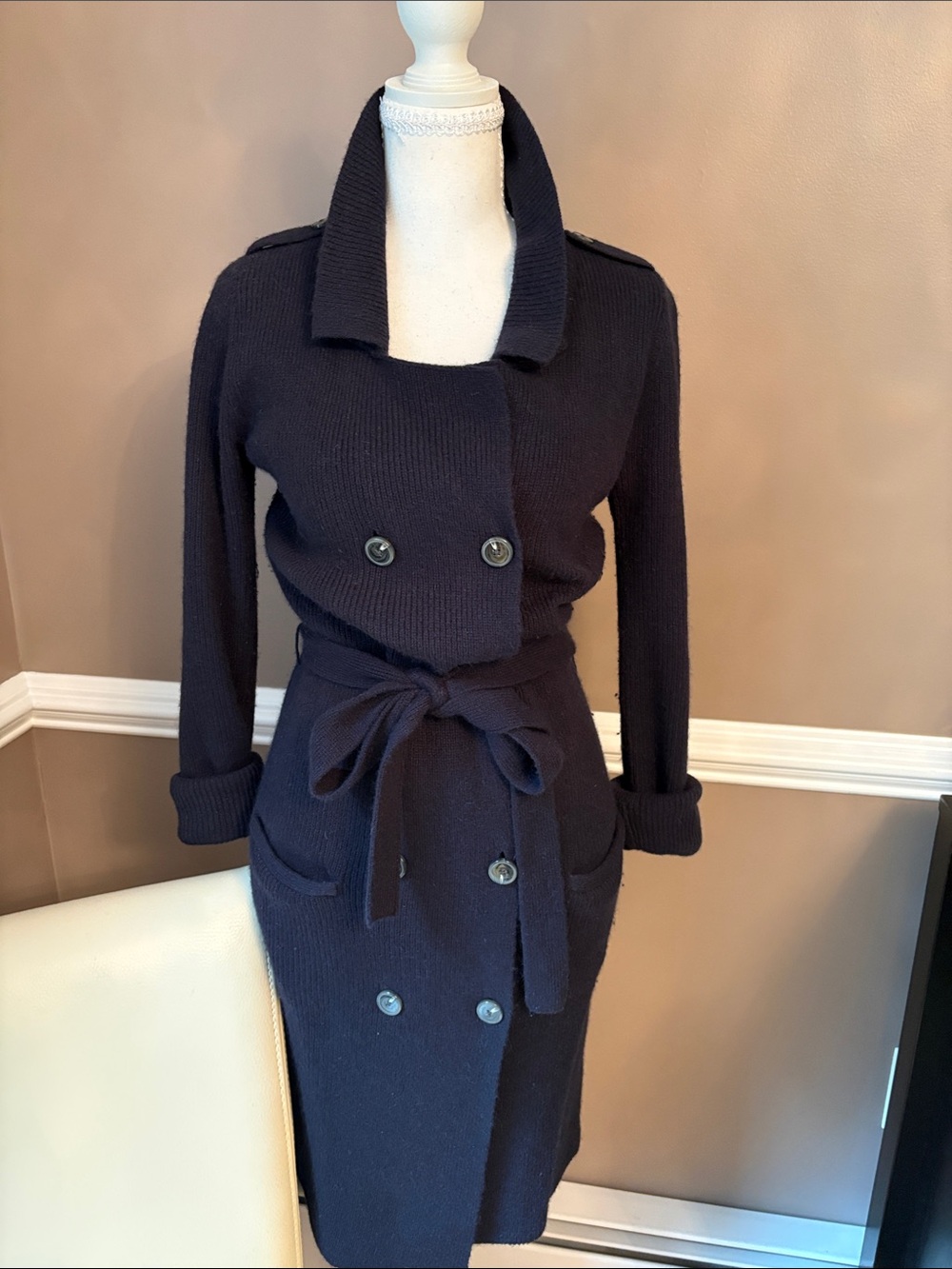French Connection Navy Knit Double-Breasted Belted Trench Coat